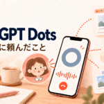 ChatGPT Dotsの1日目に頼んだこと。電話画面にブルーグレーのDotsアイコンが表示され、外側のゆらりかと写真整理・ブログ編集・予定のイラスト