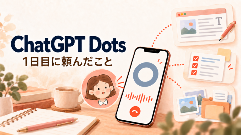 ChatGPT Dotsの1日目に頼んだこと。電話画面にブルーグレーのDotsアイコンが表示され、外側のゆらりかと写真整理・ブログ編集・予定のイラスト